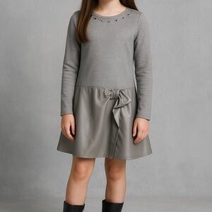 Mayoral Girls Faux Leather & Knit Dress w/ Bow Detail, Size 12